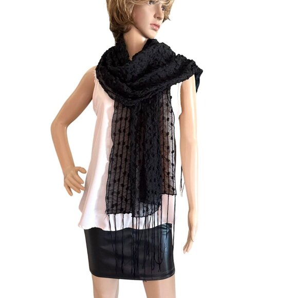 Elegant Black Sheer Mesh Shawl Mini Poms Textured Fringe Night Out Goth Boho - Picture 4 of 10